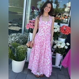 Pink Peonies Halter Midi Dress